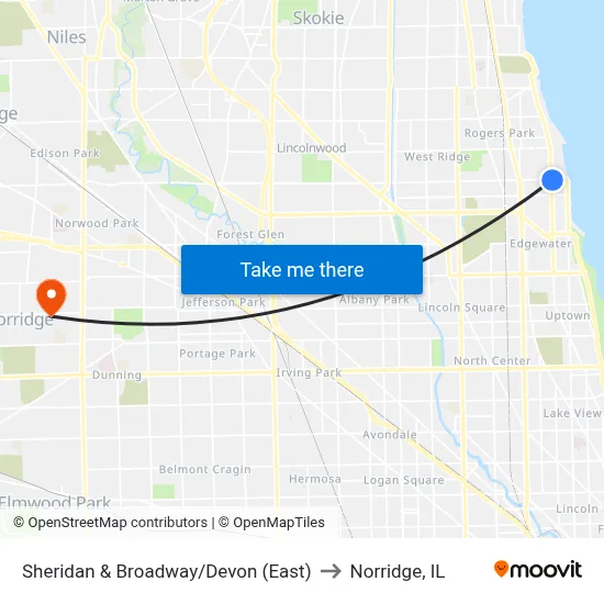 Sheridan & Broadway/Devon (East) to Norridge, IL map