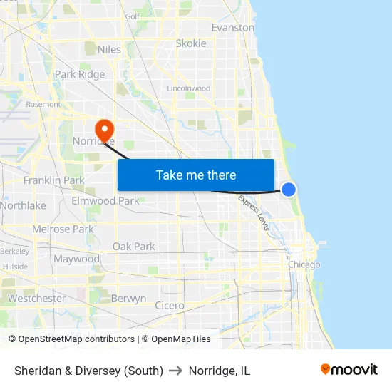 Sheridan & Diversey (South) to Norridge, IL map