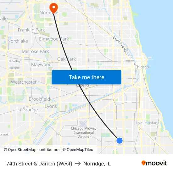74th Street & Damen (West) to Norridge, IL map