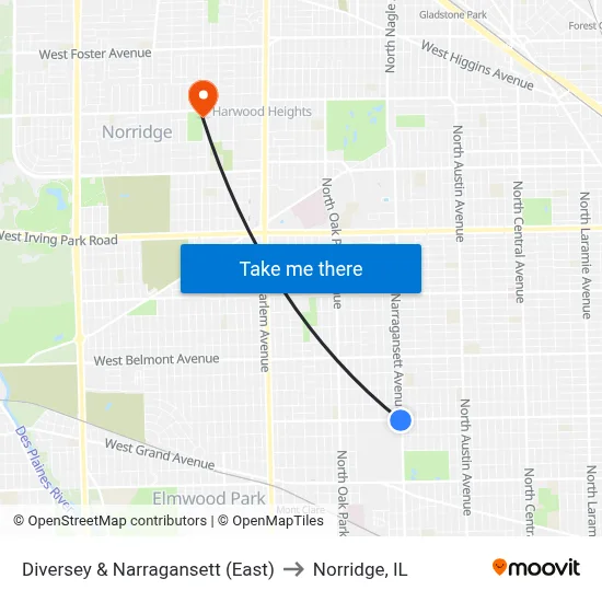 Diversey & Narragansett (East) to Norridge, IL map