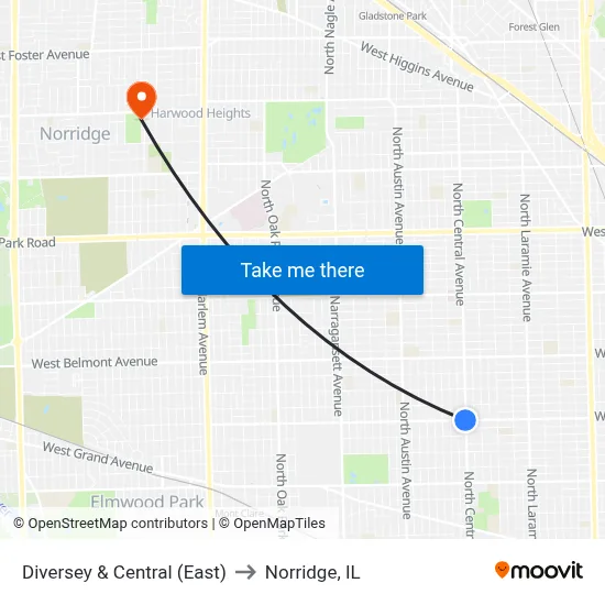 Diversey & Central (East) to Norridge, IL map