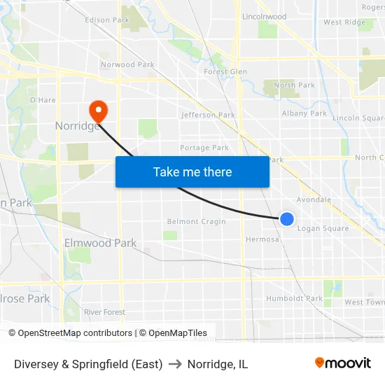 Diversey & Springfield (East) to Norridge, IL map