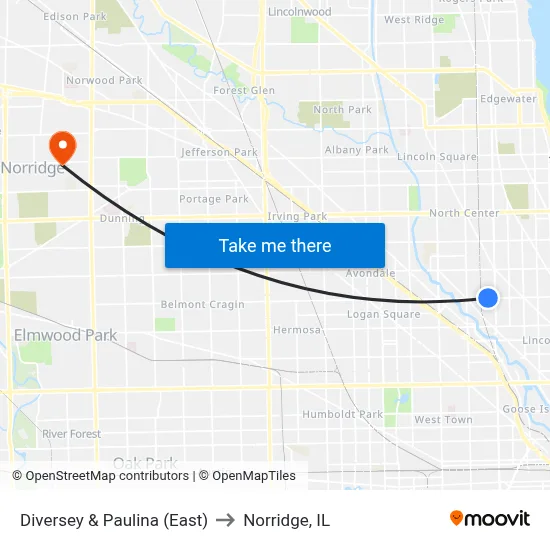 Diversey & Paulina (East) to Norridge, IL map