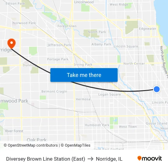 Diversey Brown Line Station (East) to Norridge, IL map