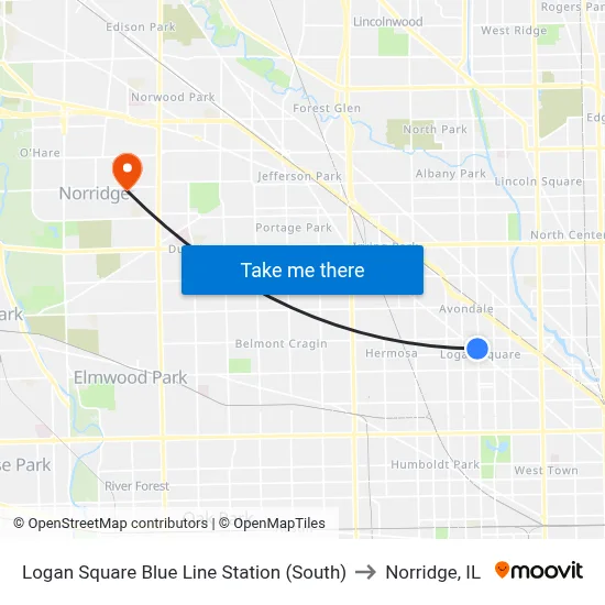 Logan Square Blue Line Station (South) to Norridge, IL map