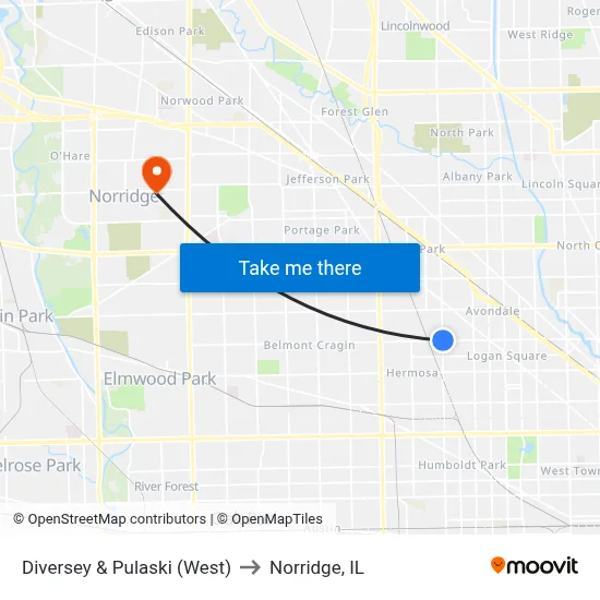 Diversey & Pulaski (West) to Norridge, IL map