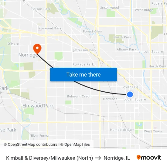 Kimball & Diversey/Milwaukee (North) to Norridge, IL map
