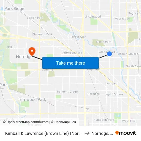 Kimball & Lawrence (Brown Line) (North) to Norridge, IL map