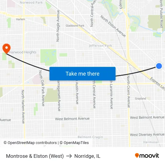 Montrose & Elston (West) to Norridge, IL map