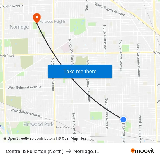 Central & Fullerton (North) to Norridge, IL map
