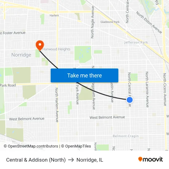 Central & Addison (North) to Norridge, IL map
