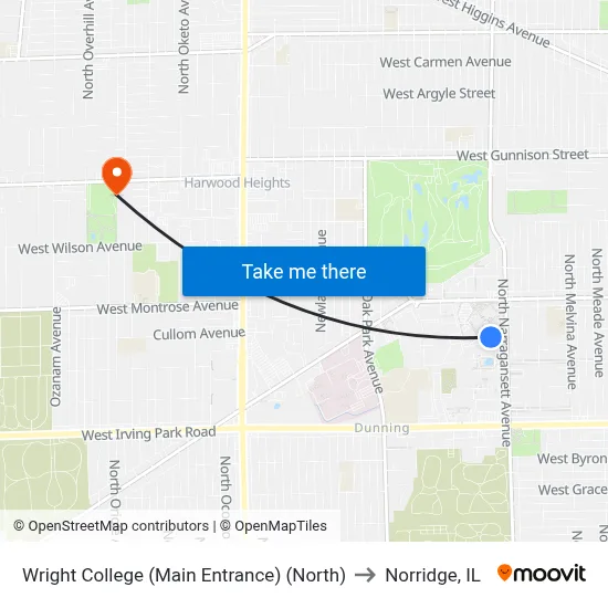 Wright College (Main Entrance) (North) to Norridge, IL map
