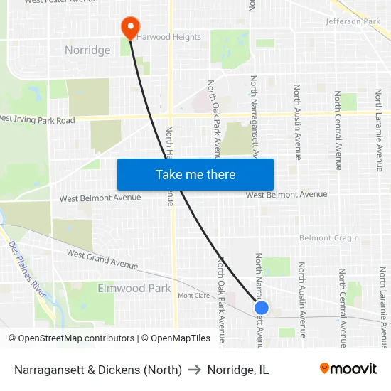 Narragansett & Dickens (North) to Norridge, IL map