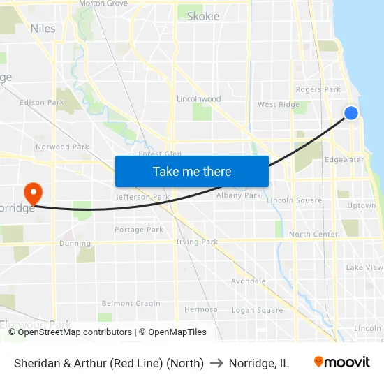 Sheridan & Arthur (Red Line) (North) to Norridge, IL map