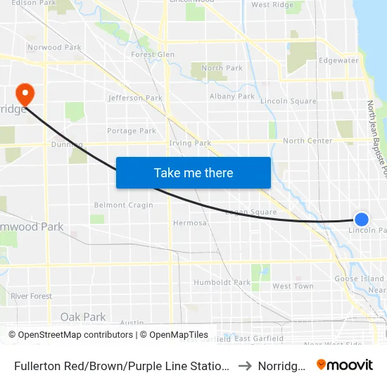Fullerton Red/Brown/Purple Line Station (West) to Norridge, IL map