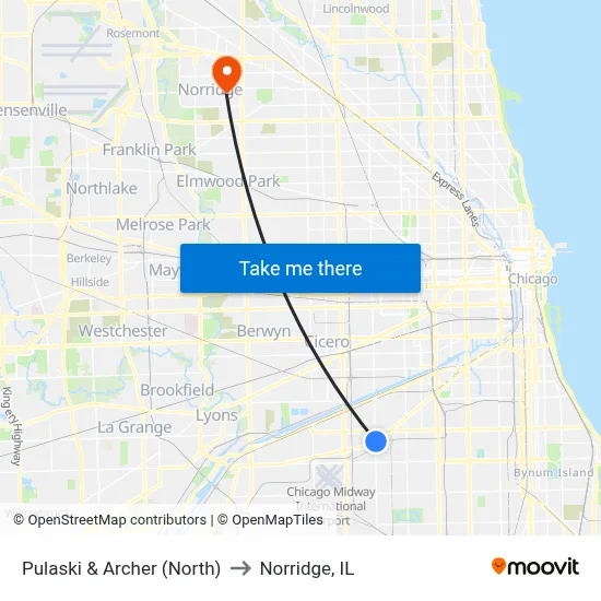 Pulaski & Archer (North) to Norridge, IL map