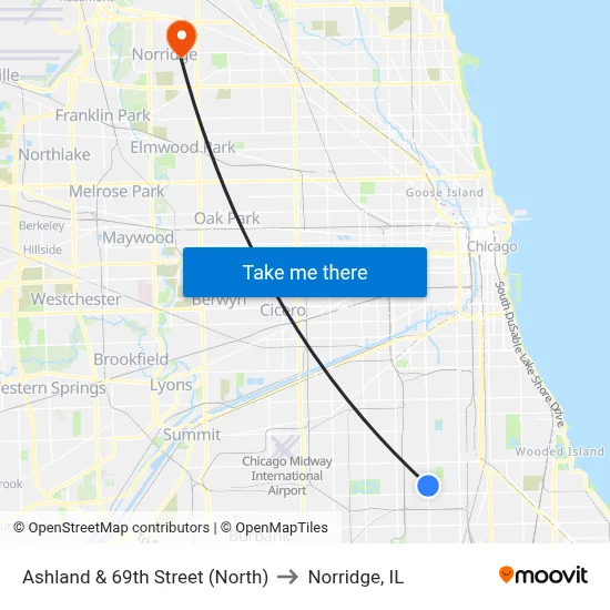Ashland & 69th Street (North) to Norridge, IL map