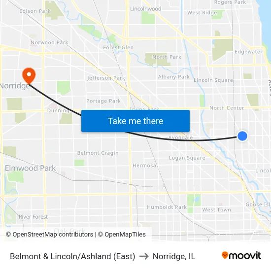 Belmont & Lincoln/Ashland (East) to Norridge, IL map