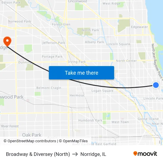 Broadway & Diversey (North) to Norridge, IL map