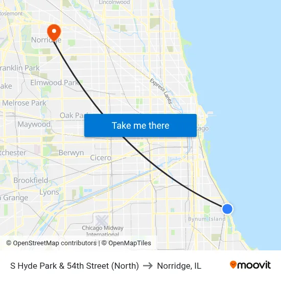 S Hyde Park & 54th Street (North) to Norridge, IL map