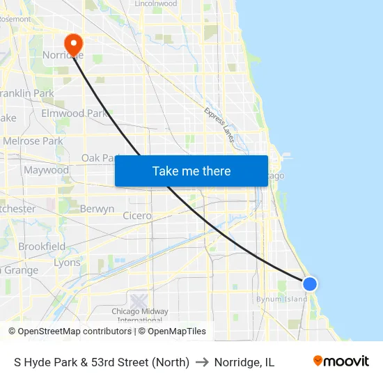 S Hyde Park & 53rd Street (North) to Norridge, IL map