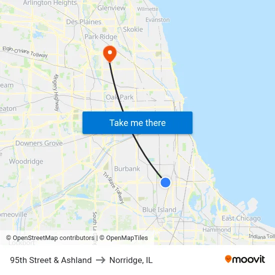 95th Street & Ashland to Norridge, IL map