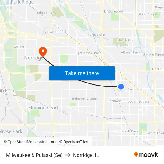 Milwaukee & Pulaski (Se) to Norridge, IL map