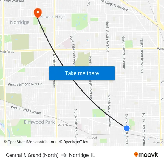 Central & Grand (North) to Norridge, IL map