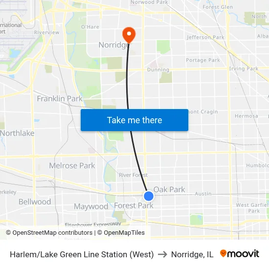 Harlem/Lake Green Line Station (West) to Norridge, IL map