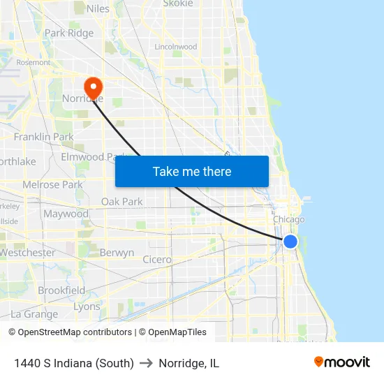 1440 S Indiana (South) to Norridge, IL map
