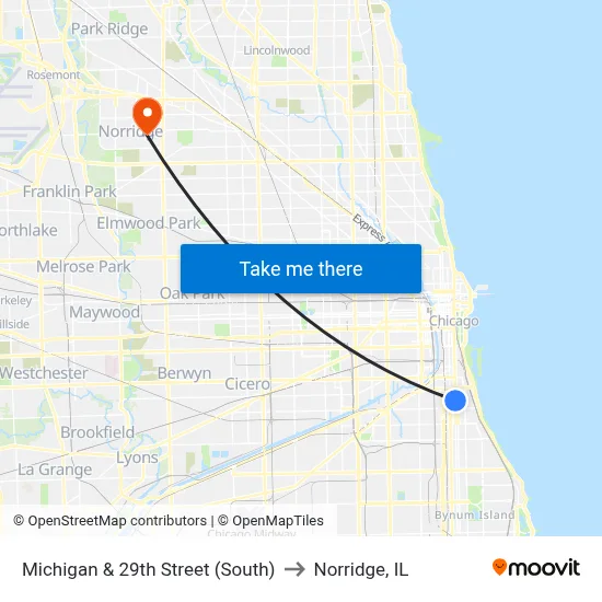 Michigan & 29th Street (South) to Norridge, IL map