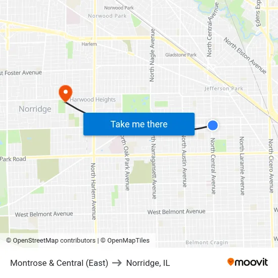 Montrose & Central (East) to Norridge, IL map