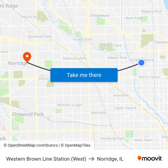 Western Brown Line Station (West) to Norridge, IL map