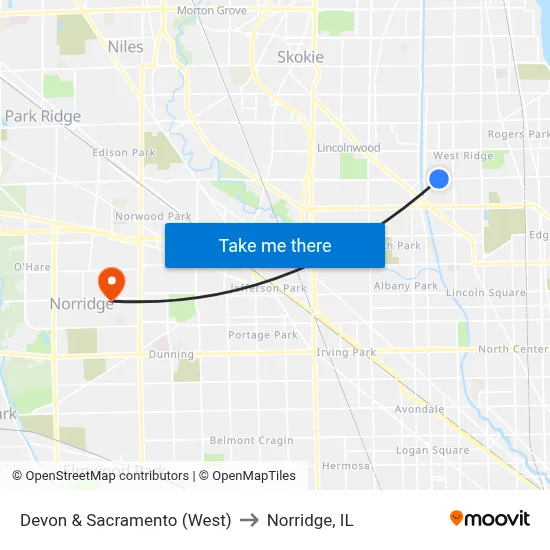 Devon & Sacramento (West) to Norridge, IL map