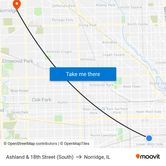 Ashland & 18th Street (South) to Norridge, IL map
