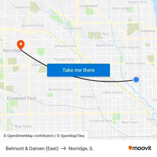 Belmont & Damen (East) to Norridge, IL map