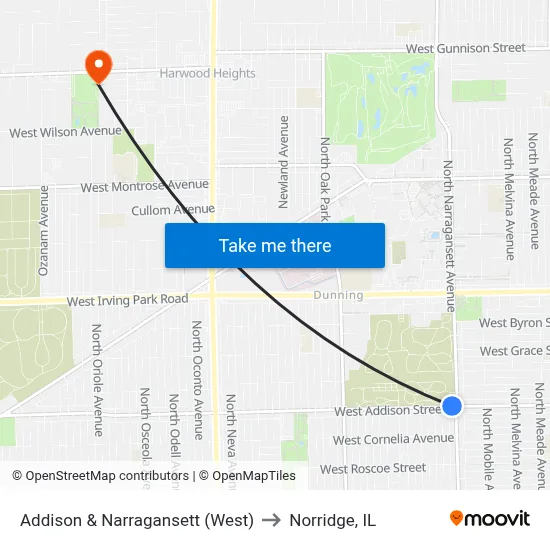 Addison & Narragansett (West) to Norridge, IL map