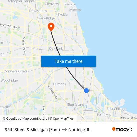 95th Street & Michigan (East) to Norridge, IL map