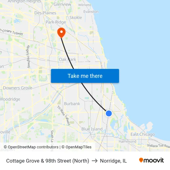 Cottage Grove & 98th Street (North) to Norridge, IL map