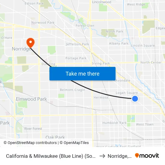 California & Milwaukee (Blue Line) (South) to Norridge, IL map