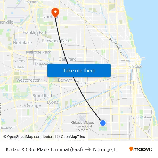 Kedzie & 63rd Place Terminal (East) to Norridge, IL map