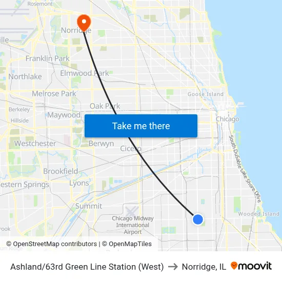 Ashland/63rd Green Line Station (West) to Norridge, IL map