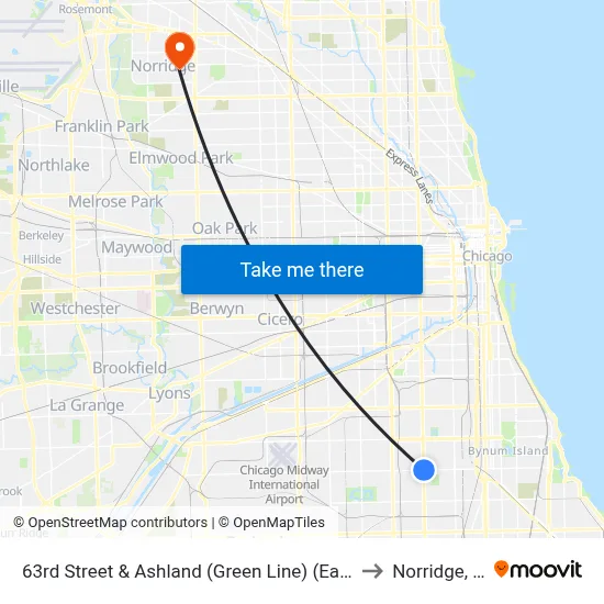 63rd Street & Ashland (Green Line) (East) to Norridge, IL map