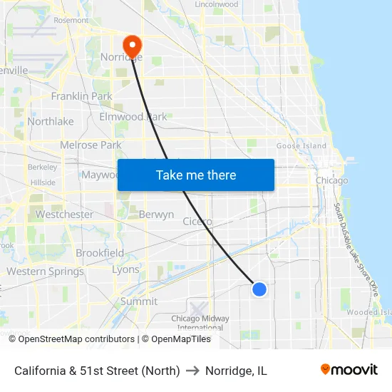 California & 51st Street (North) to Norridge, IL map