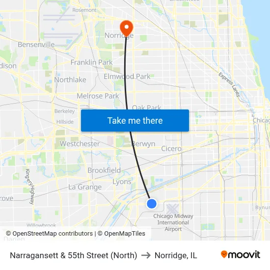 Narragansett & 55th Street (North) to Norridge, IL map