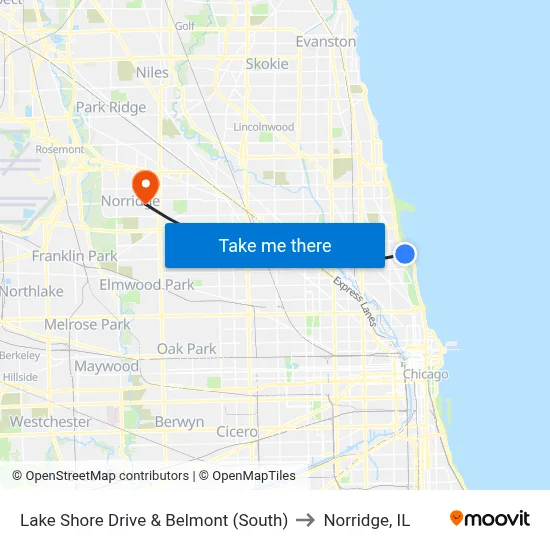 Lake Shore Drive & Belmont (South) to Norridge, IL map