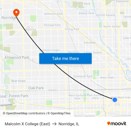 Malcolm X College (East) to Norridge, IL map