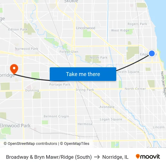 Broadway & Bryn Mawr/Ridge (South) to Norridge, IL map