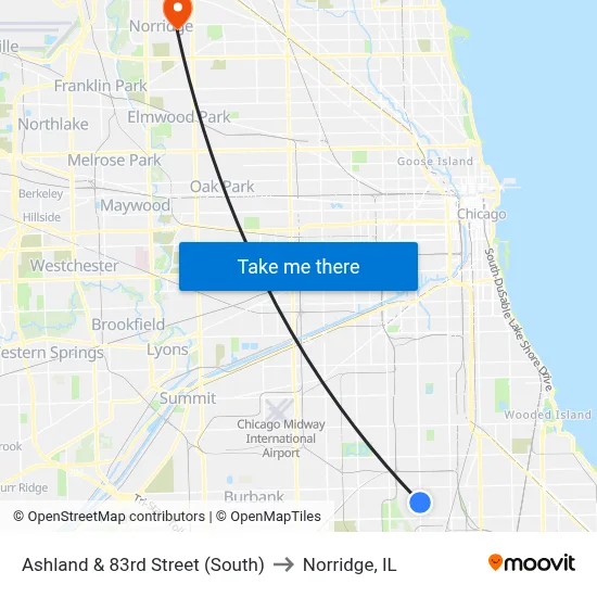 Ashland & 83rd Street (South) to Norridge, IL map