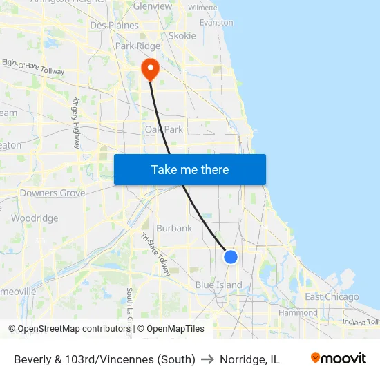 Beverly & 103rd/Vincennes (South) to Norridge, IL map